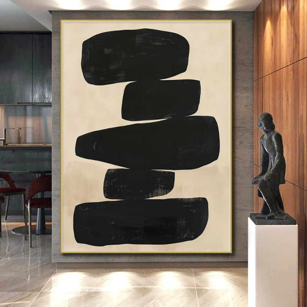 “Stacked Black Abstract Shapes on Beige” - Geometric Abstract Painting On Canvas PS0276