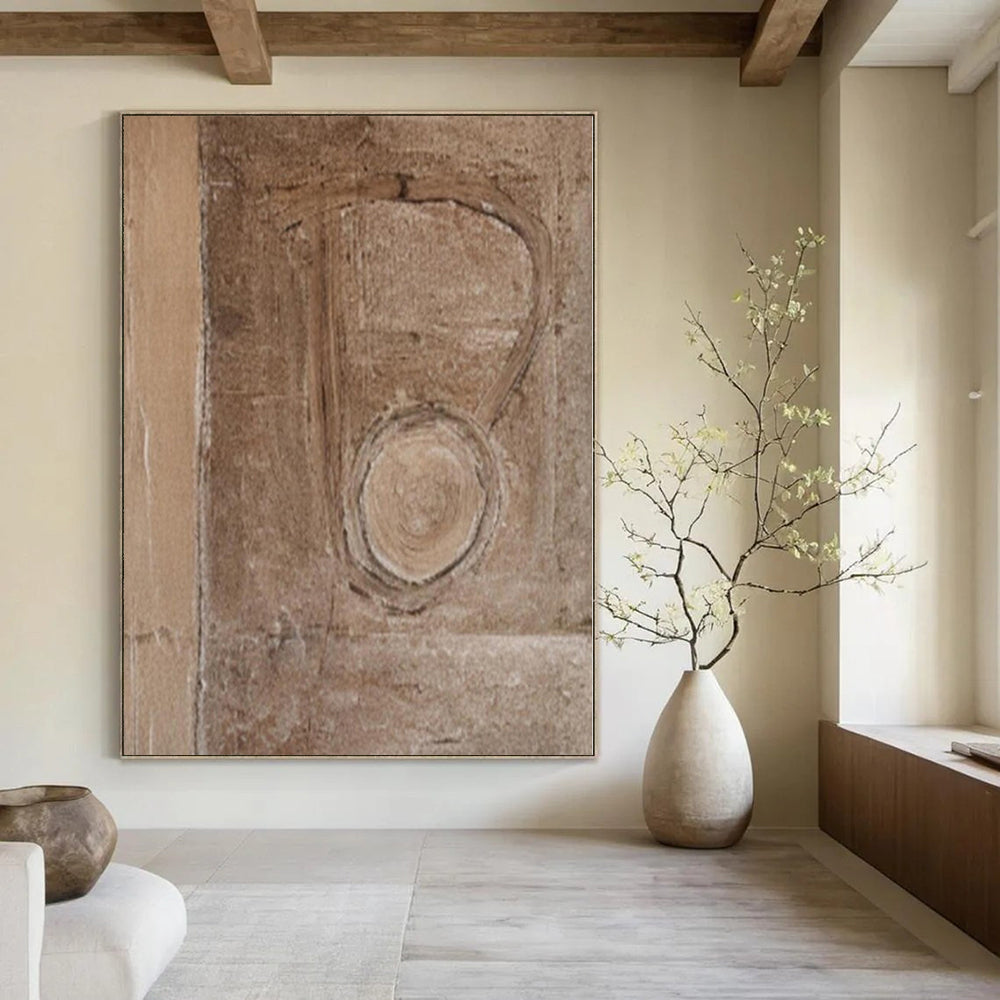 Brown with Subtle Carved Shape "Earthen Trace" Minimalist Sculptural Painting On Canvas PS1201