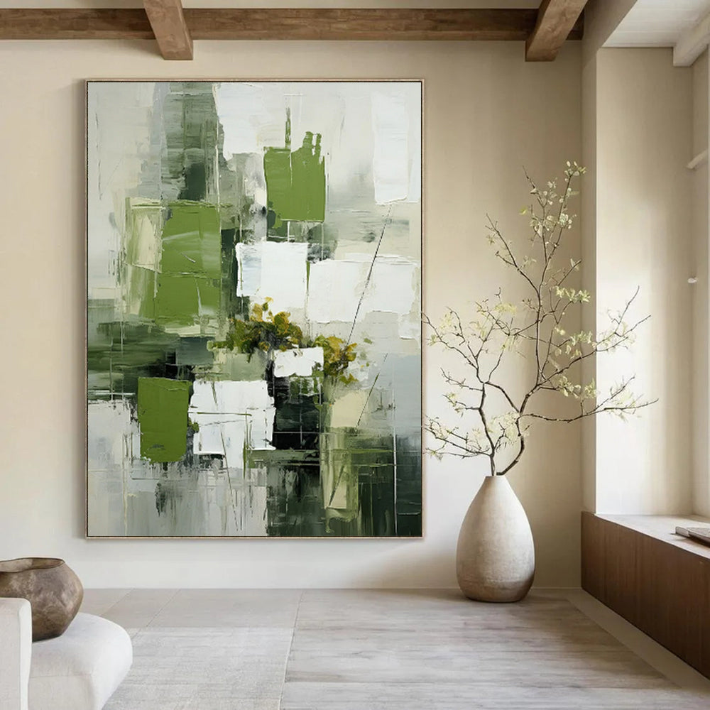 “Green and White Abstract Floral” - Modernist Still - Life Painting On Canvas PT2264