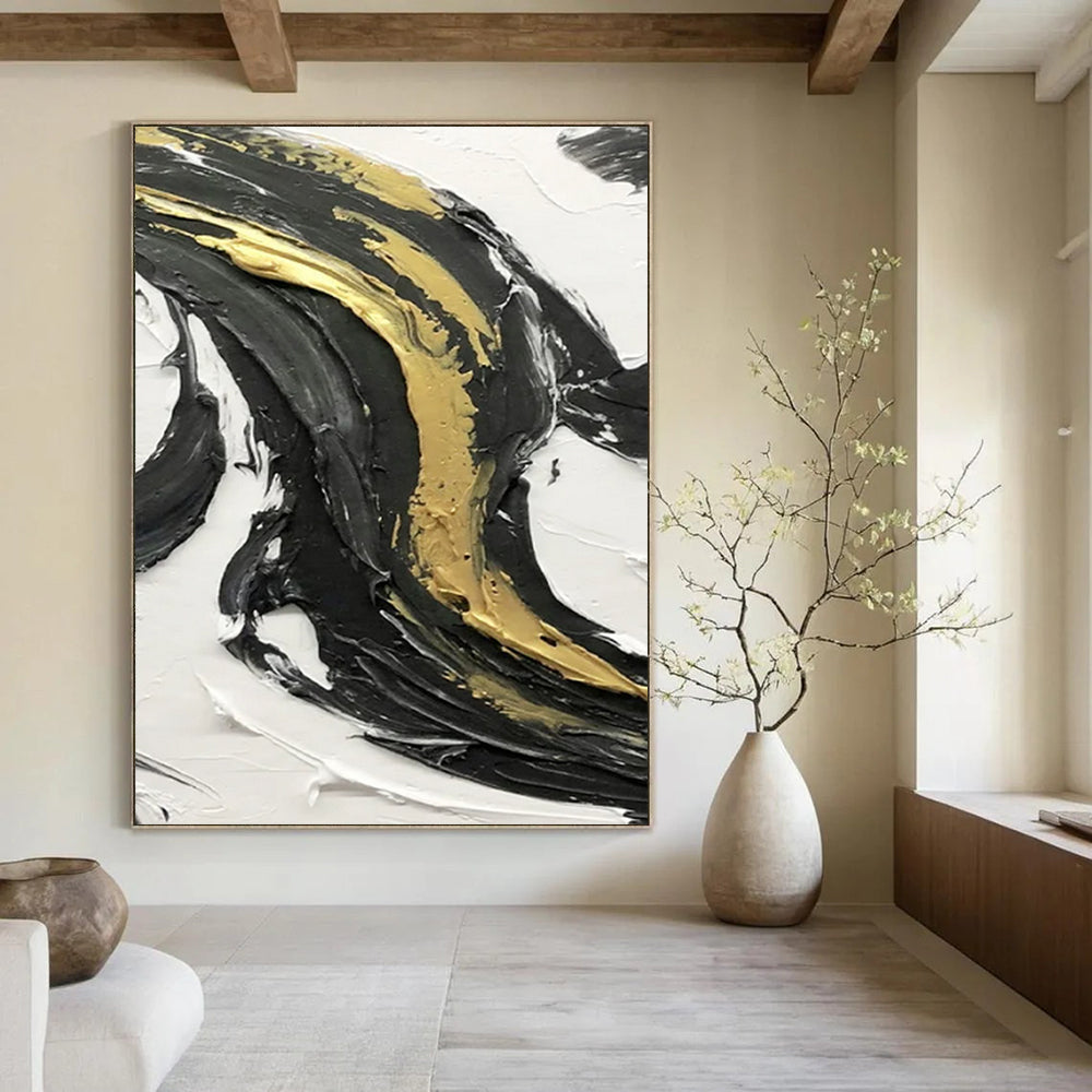 “Black and Gold Accent Swirl” - Opulent Abstract Painting On Canvas DS379