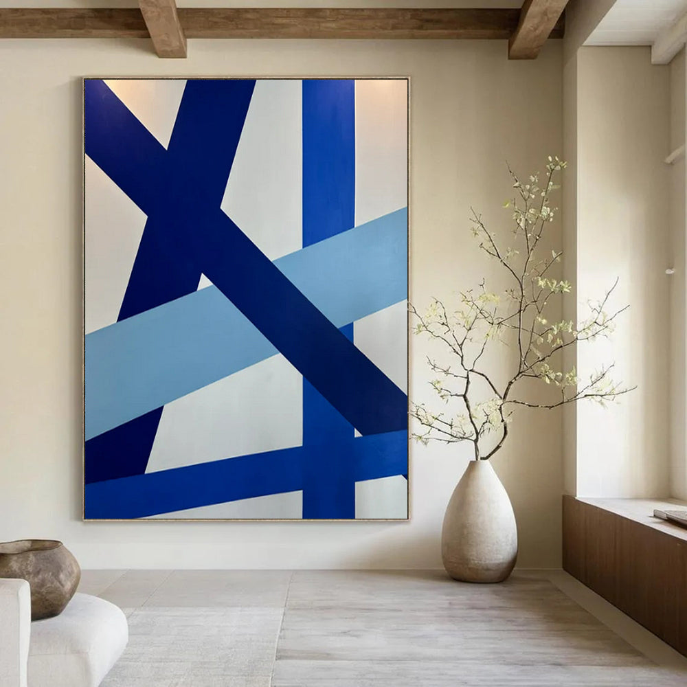 Blue and White Geometric, "Dynamic Crossroads" – Geometric Abstract Painting On Canvas PS0995