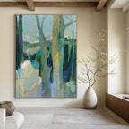 Green, Blue, Gray with Abstract Trees "Forest Reverie" Abstract Painting On Canvas PS1307