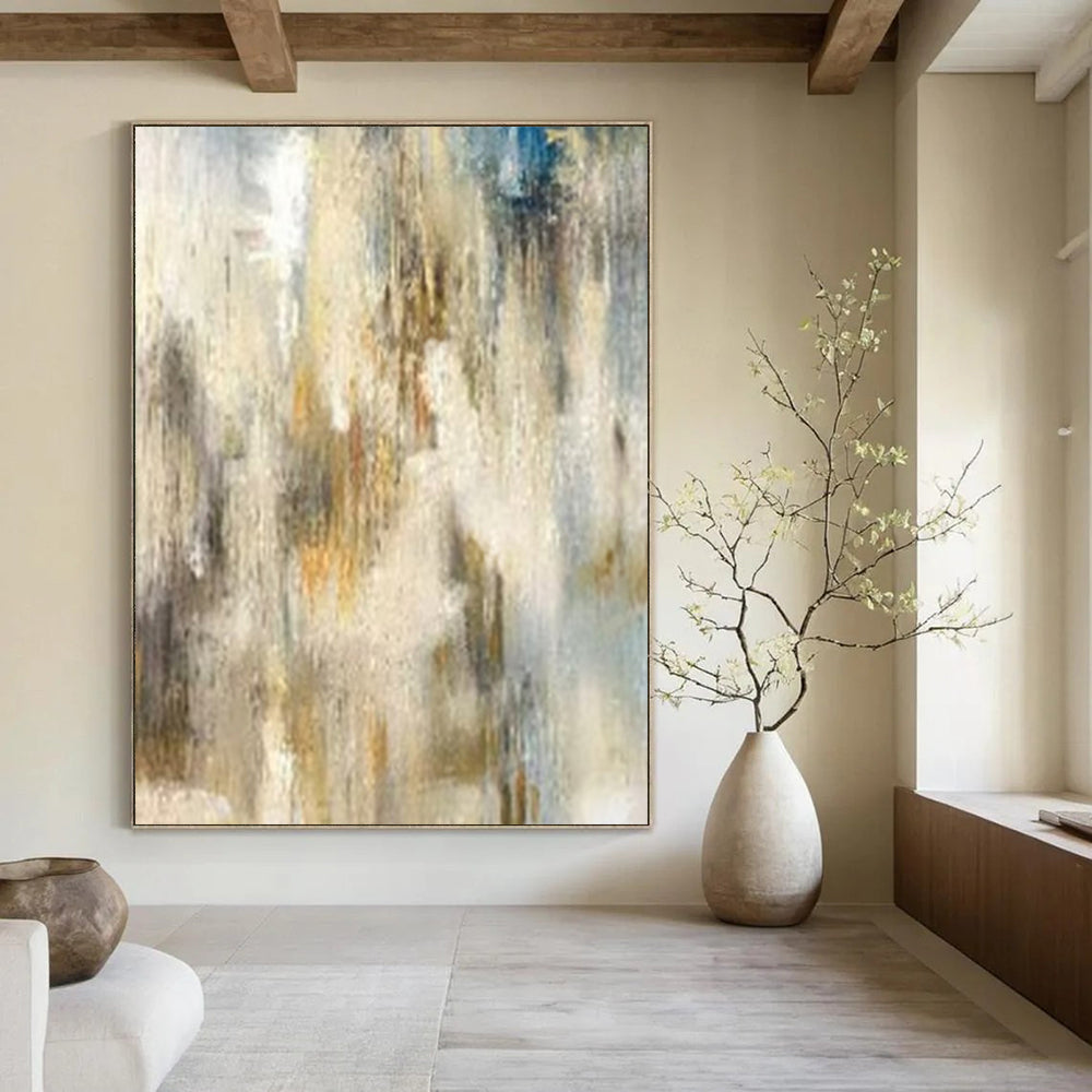 Beige, Blue, and Gold Textured, "Ethereal Haze" – Textured Abstract Painting On Canvas PS1003