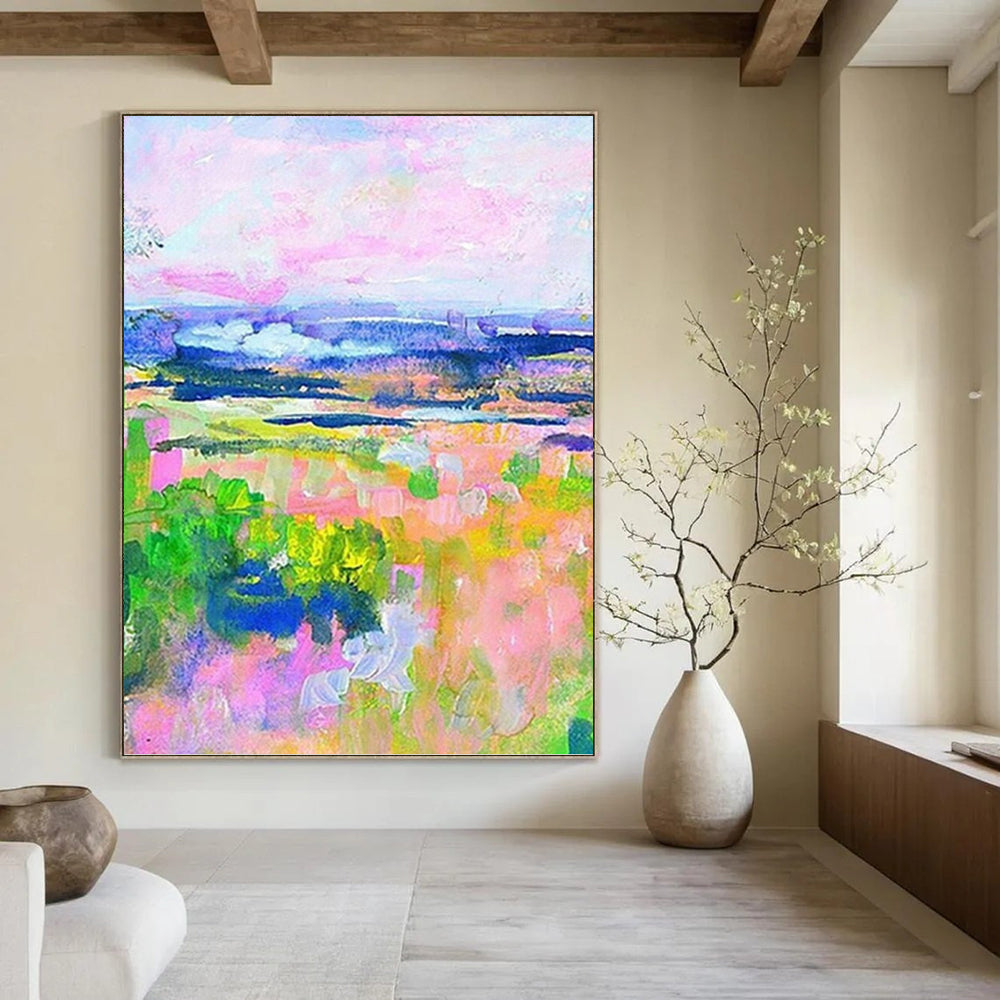 “Colorful Landscape: Pink, Green, and Blue Impressionistic Field” - Vibrant Impressionistic Painting On Canvas PT0934