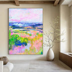 “Colorful Landscape: Pink, Green, and Blue Impressionistic Field” - Vibrant Impressionistic Painting On Canvas PT0934