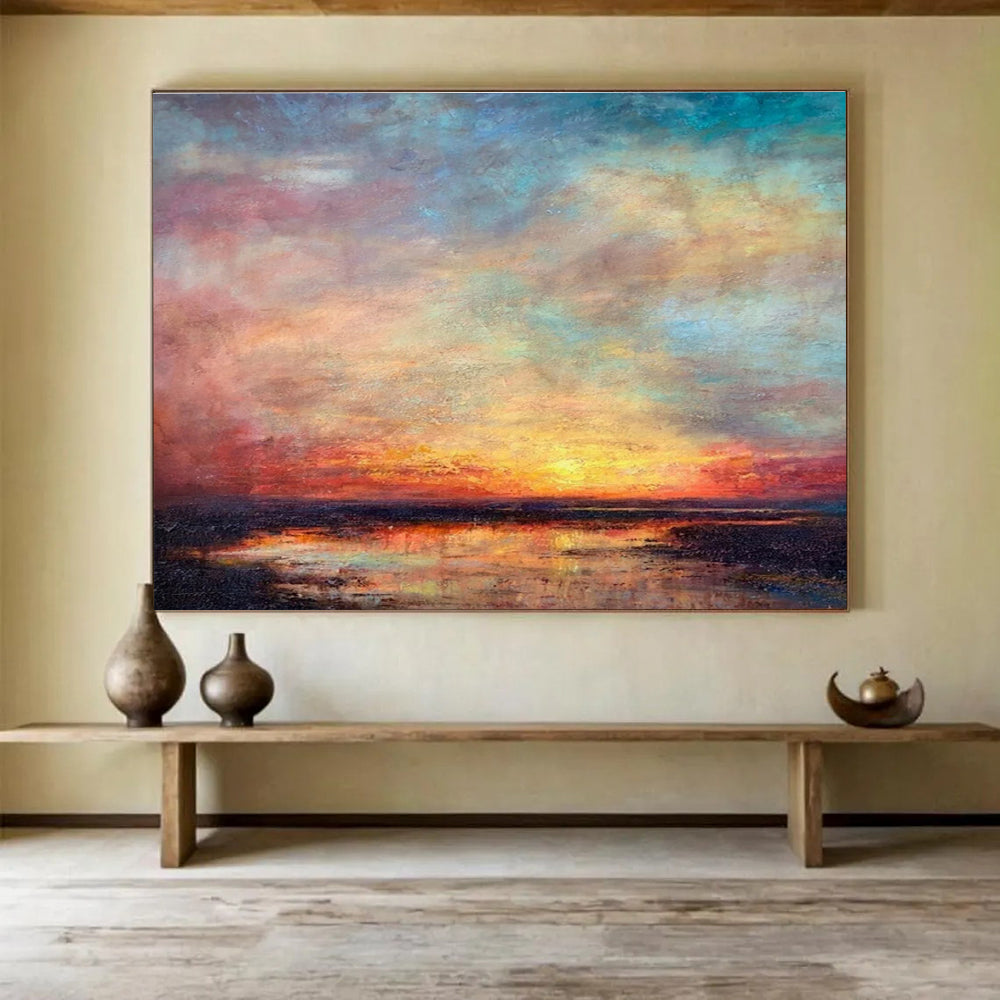 “Vibrant Sunset Reflection” - Blue, Pink & Orange Seascape, Expressive Oil Painting On Canvas DKS776