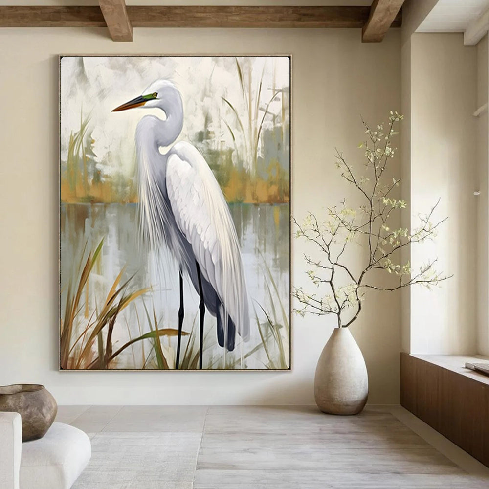 White Egret in Soft Hues, Realism with Sargent's Touch, Wildlife Painting On Canvas PT2127