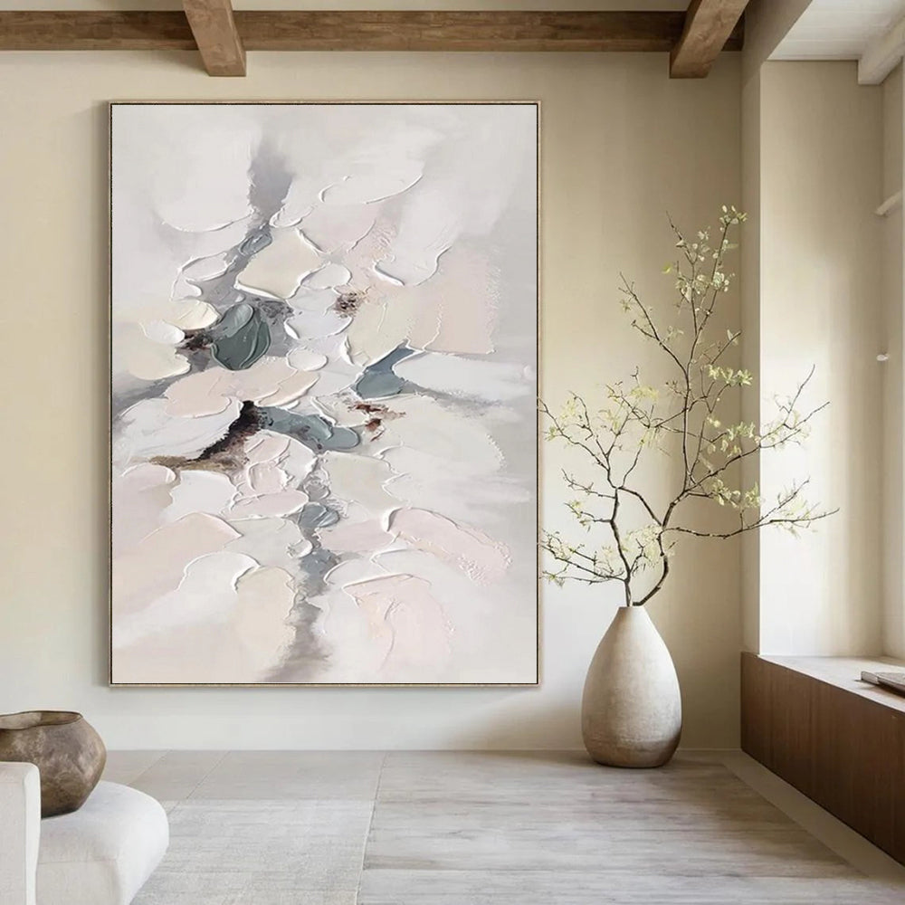 “White - Grey Abstract Blossoms” - Impasto Abstract Painting On Canvas PT1174