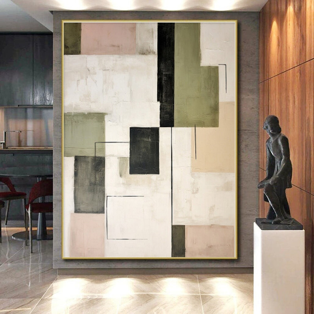 “Geometric Contrasts” - Green, Black, Pink Abstract Geometric Painting On Canvas PS0397
