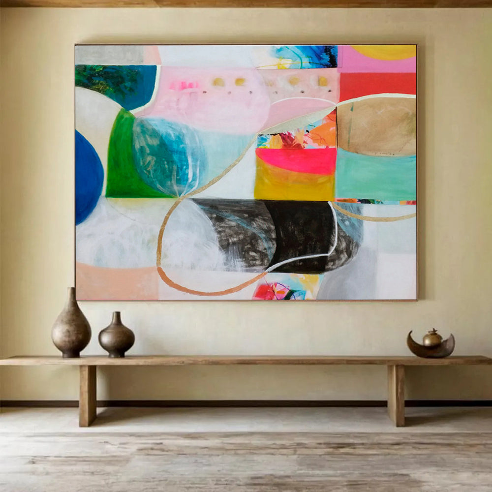 Color - Blocked Abstract with Curves Painting On Canvas DKS069