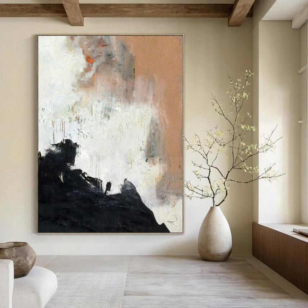 Black, White, Orange and Beige with Dynamic Textures "Fiery Dawn" Abstract Painting On Canvas PS1153