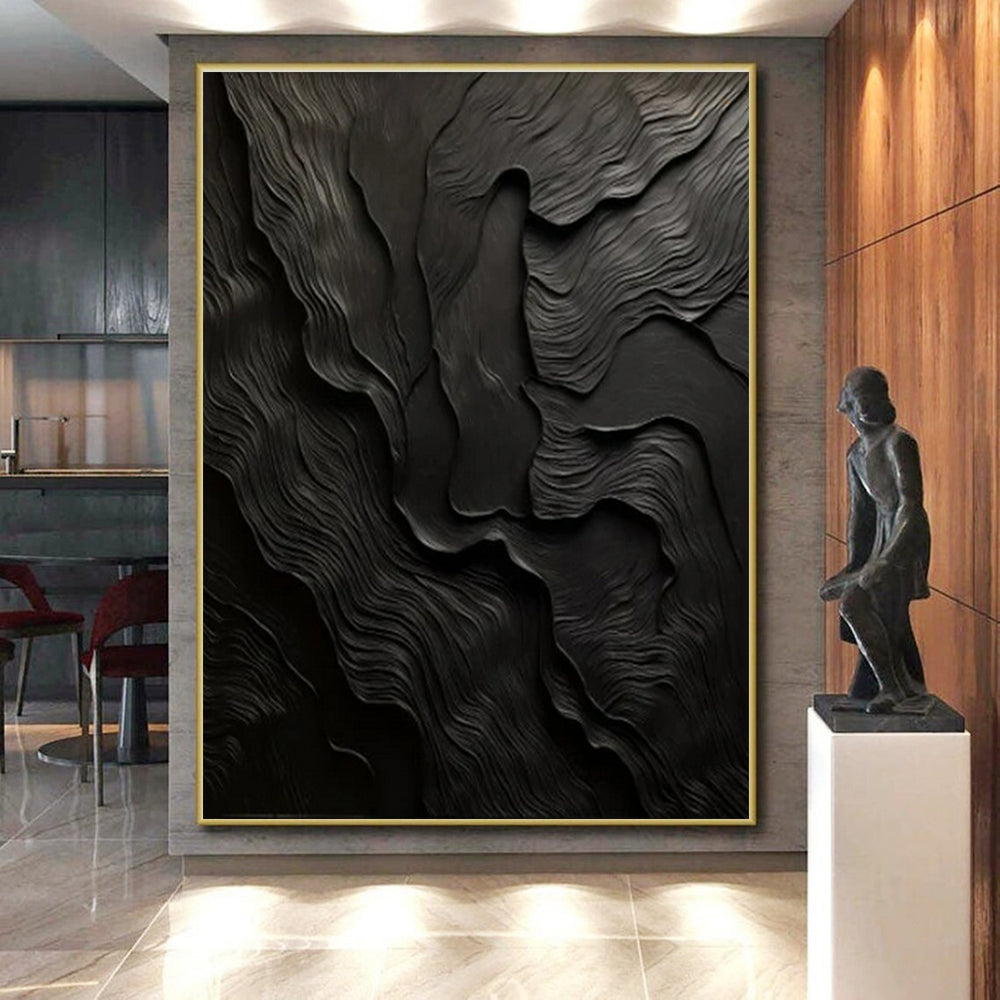 Black Textured Abstract Waves Painting On Canvas PS0833