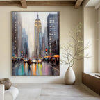 “Moody Impasto City Street with Iconic Building” - Impasto Cityscape Painting On Canvas PT1912