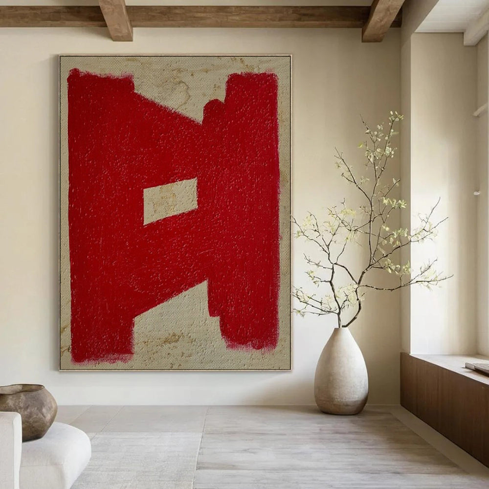 Red and Beige, "Bold Mark" – Minimalist Abstract Painting On Canvas PS0992
