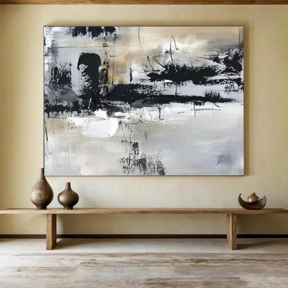 “Monochrome Abstract Strokes” - Black - White - Gray Abstract Painting On Canvas PT1565
