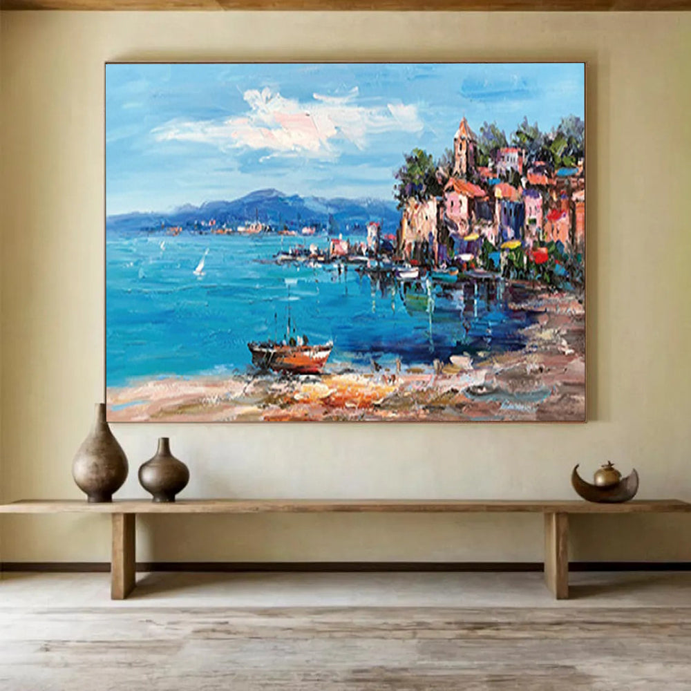 “Colorful Coastal Village” - Impressionistic Seaside Painting On Canvas PT230