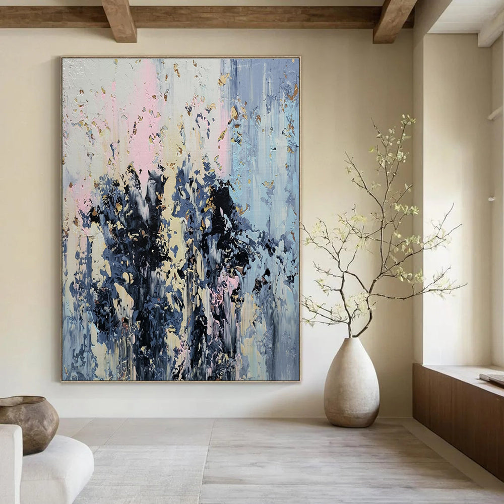 Light Blue, Pink, Gray, Gold with Textured Strokes "Ethereal Drizzle" Abstract Painting On Canvas PS1404