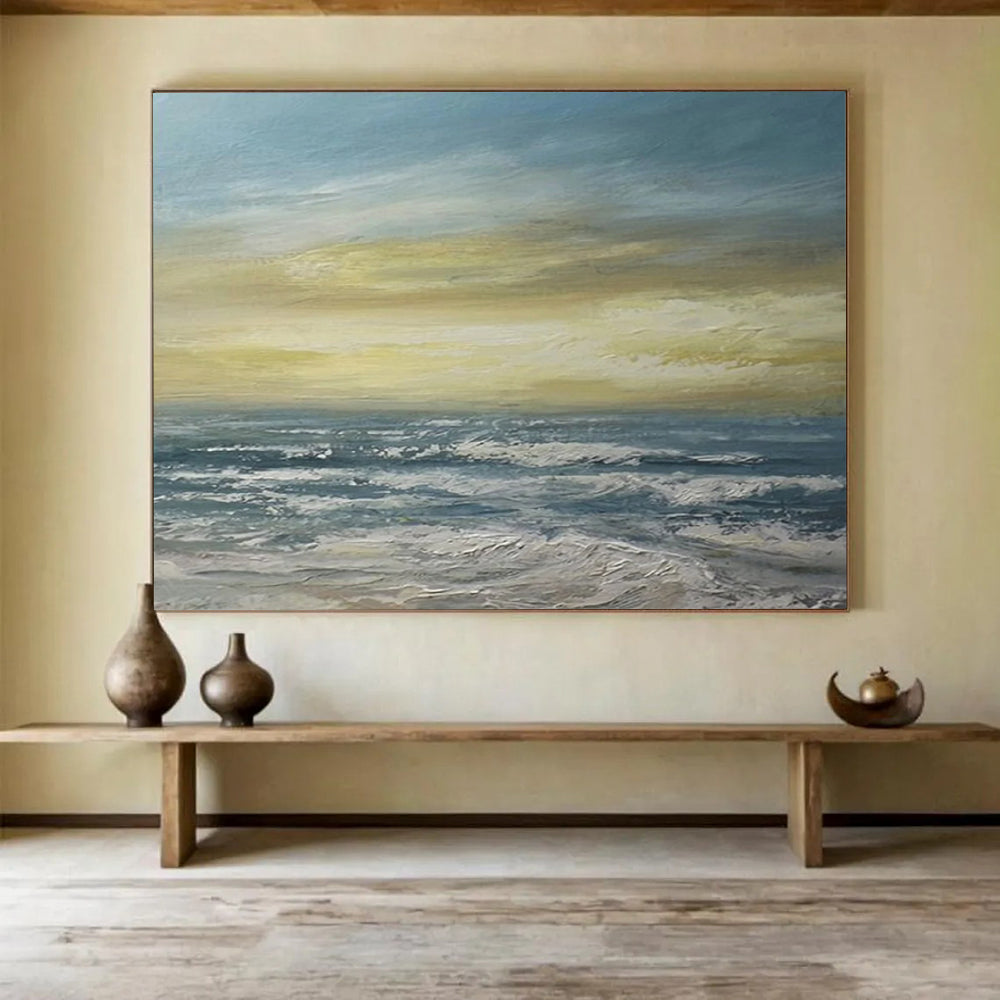 “Vibrant Coastal Sunset in Blues, Yellows & Whites” - Impressionistic Seaside Oil Painting On Canvas PT033