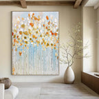 “Golden Blossom Trees” - White, Gold, Blue Floral Abstract Painting On Canvas PT1461