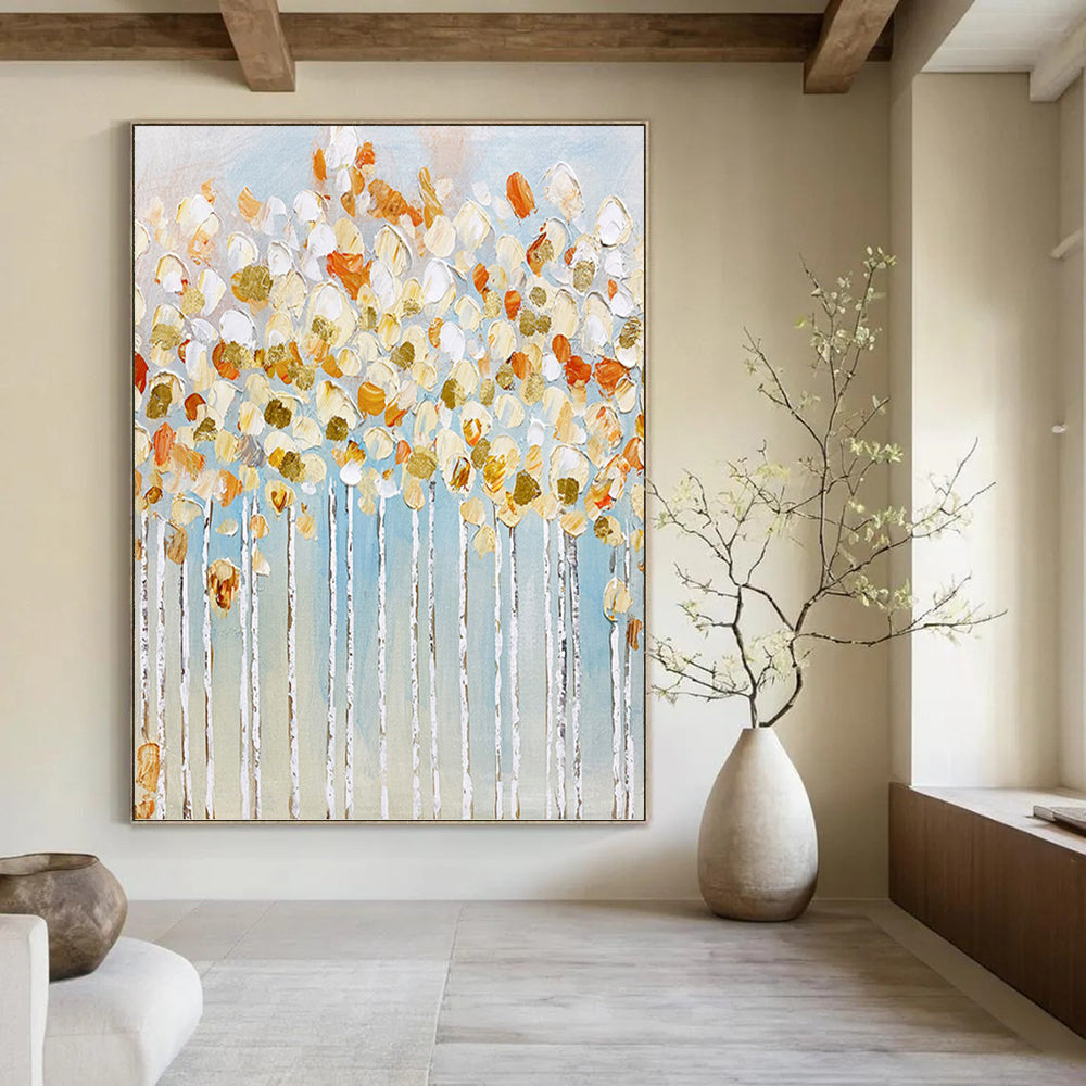 “Golden Blossom Trees” - White, Gold, Blue Floral Abstract Painting On Canvas PT1461