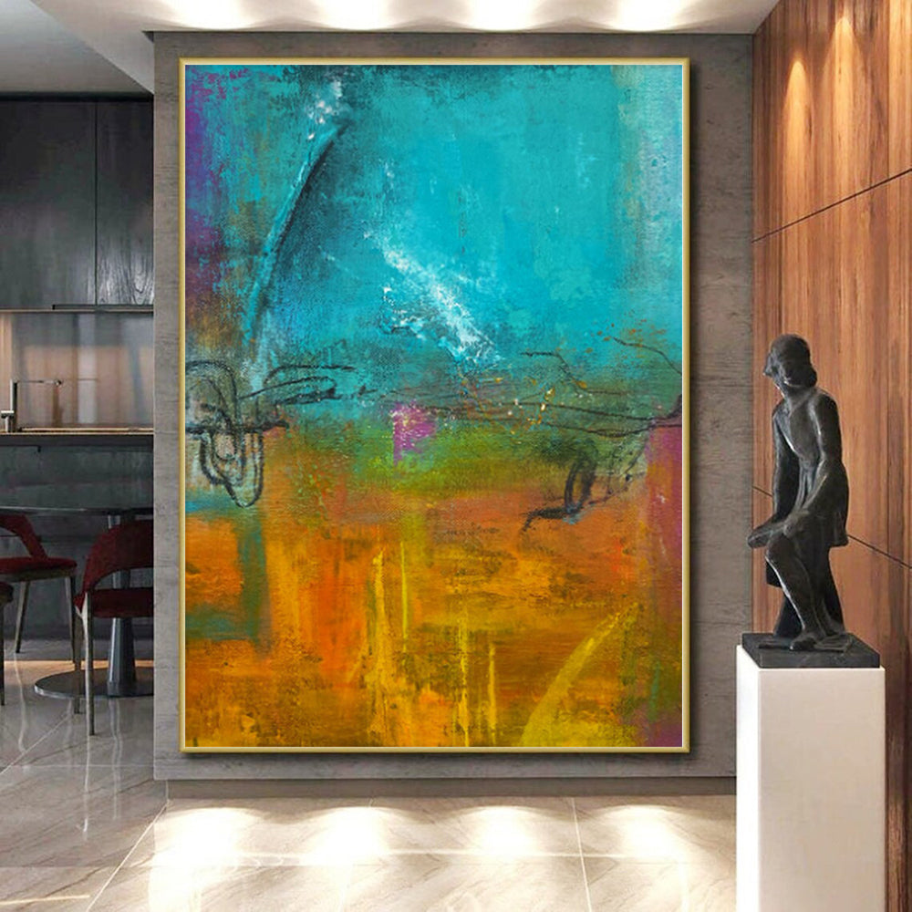 “Turquoise - Orange Abstract” - Vibrant Abstract Painting On Canvas PS0059