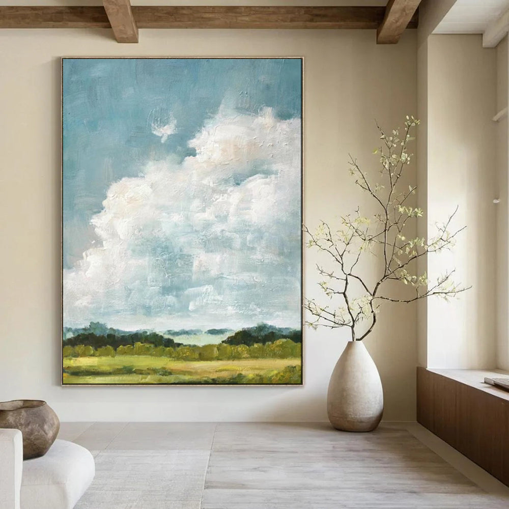 “Fluffy White Clouds Over Green Fields” - Impressionist Sky Painting On Canvas PT1878