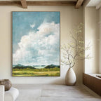 “Fluffy White Clouds Over Green Fields” - Impressionist Sky Painting On Canvas PT1878