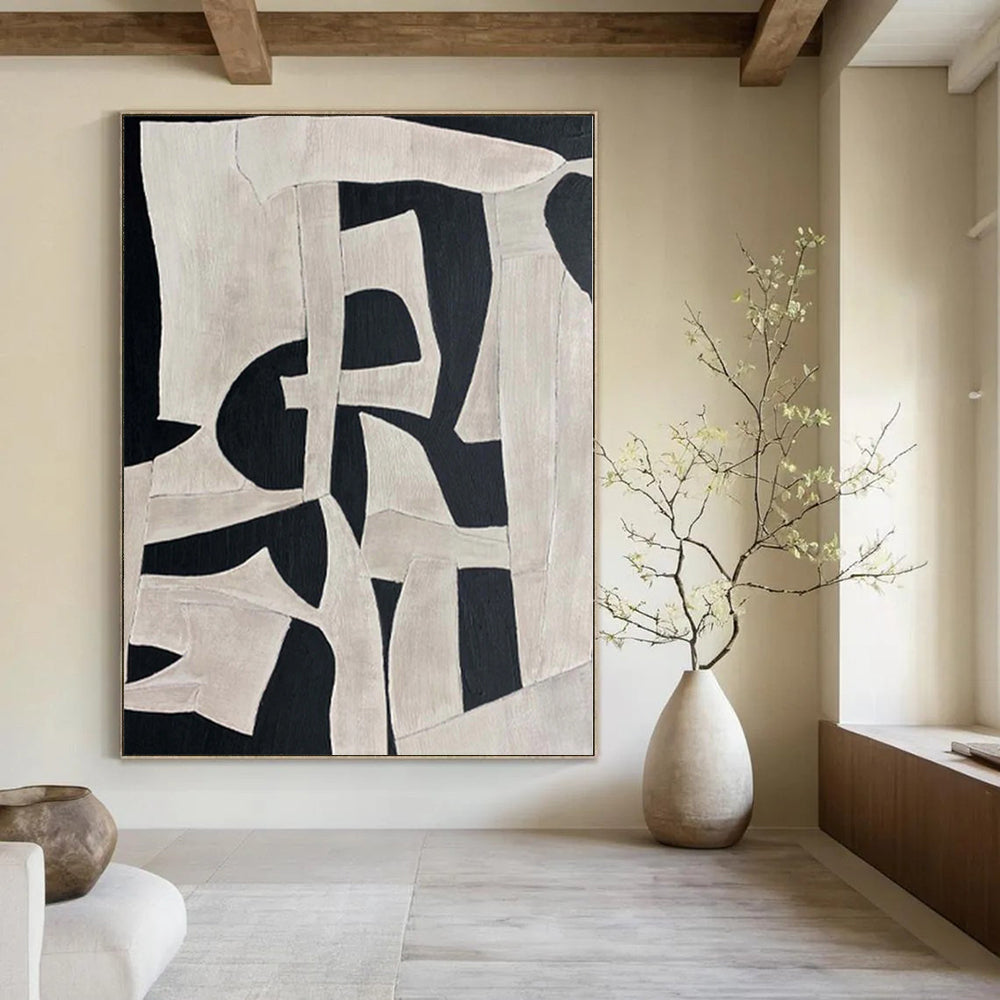 “Black - White Organic Geometric” - Artistic Abstract Painting On Canvas PS0132