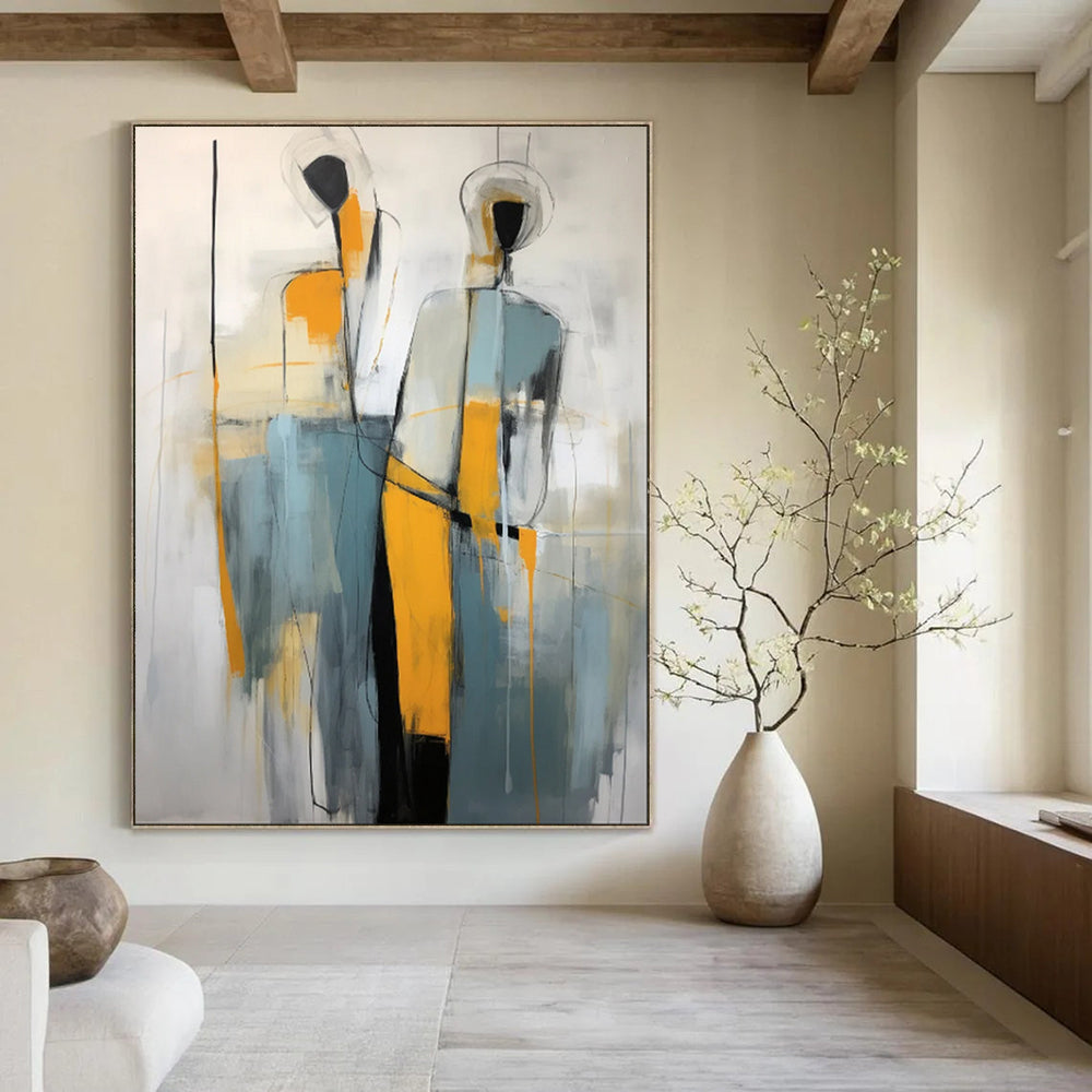 “Abstract Gray - Yellow Human Forms” - Figurative Abstract Painting On Canvas PT1880