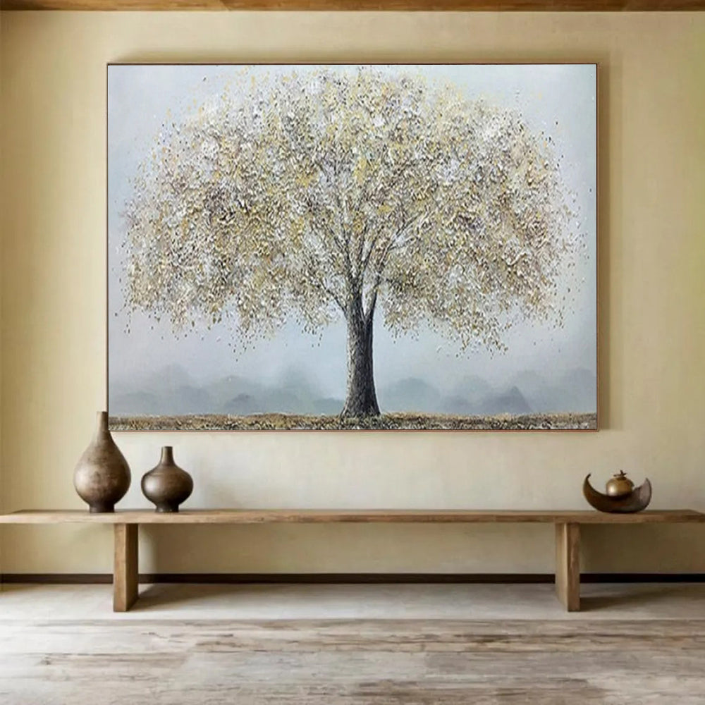 “Golden - White Canopy Tree” - Impasto - Textured Painting On Canvas PT1526