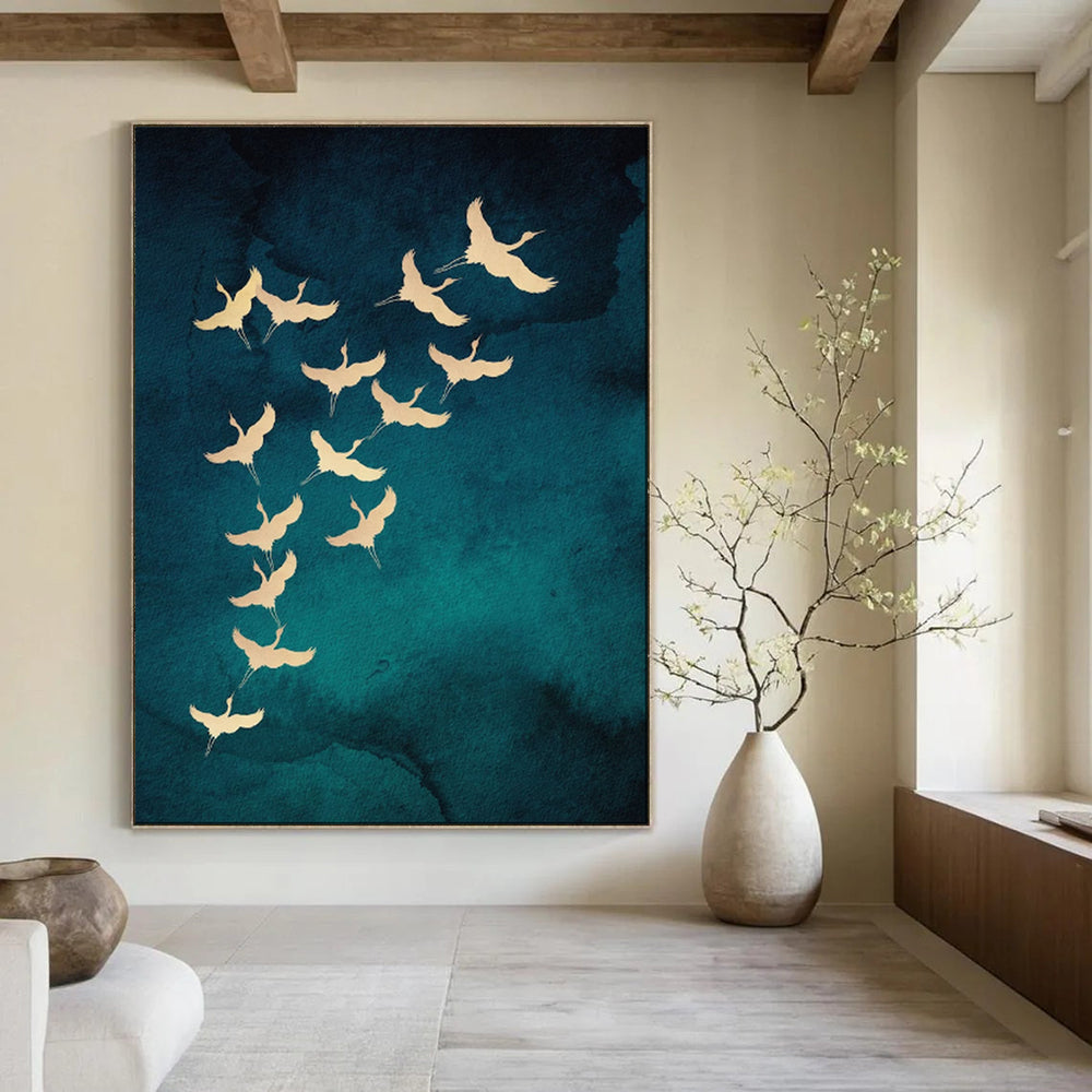 “Golden Cranes on Teal” - Nature - Inspired Painting On Canvas PT1919