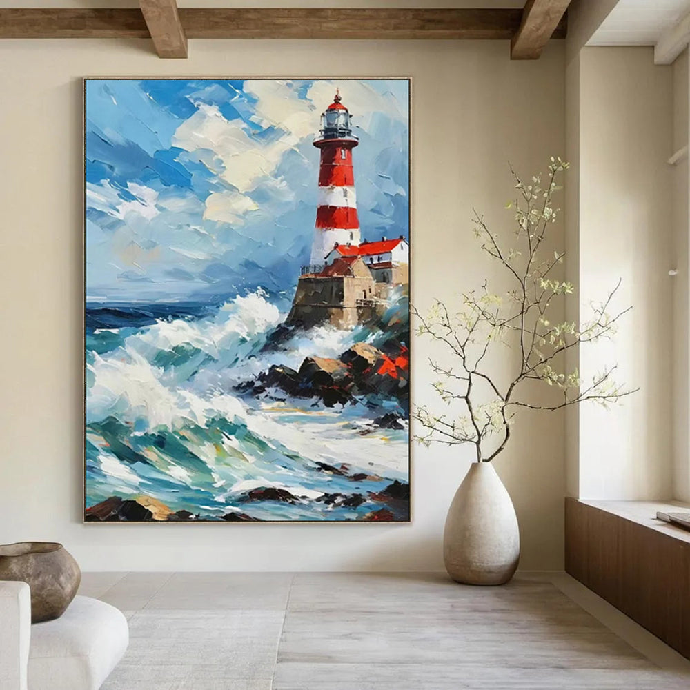 “Impasto Lighthouse in Stormy Seas” - Impasto Maritime Painting On Canvas PT1892