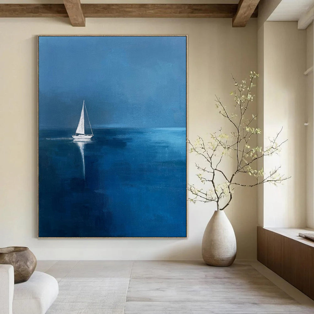 “Deep Blue Sailing Solitude” - Minimalist Seascape Painting On Canvas PT1877