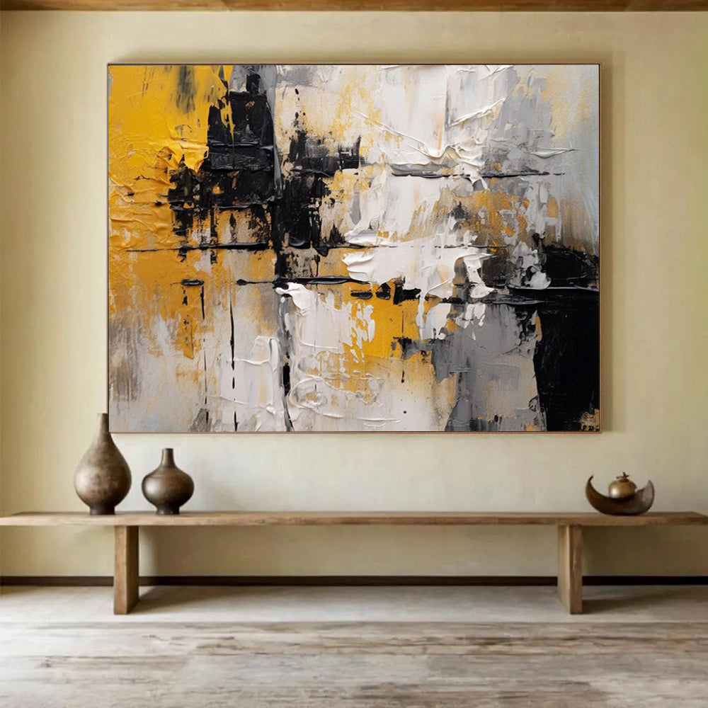“Yellow, Black, and White Abstract Textures” - Modern Abstract Painting On Canvas PT085