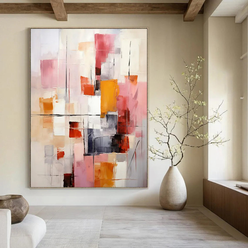 “Pink, Orange, and Gray Abstract” - Modernist Abstract Painting On Canvas PT2278