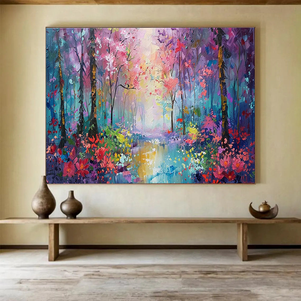 “Colorful Enchanted Forest” - Purple, Pink & Blue Landscape, Impressionistic Oil Painting On Canvas DKS765