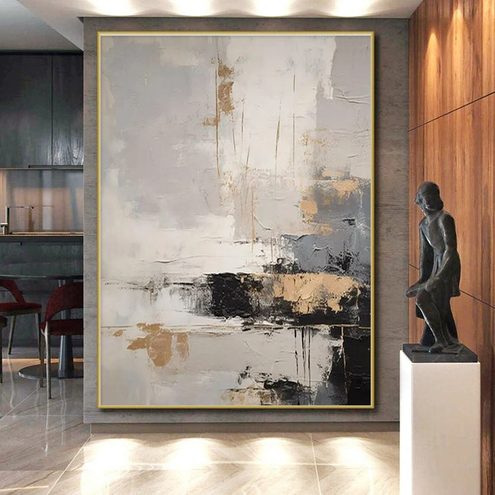 Gray, White & Gold Abstract Drips "City Lights" Painting On Canvas PS0863