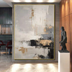 Gray, White & Gold Abstract Drips "City Lights" Painting On Canvas PS0863