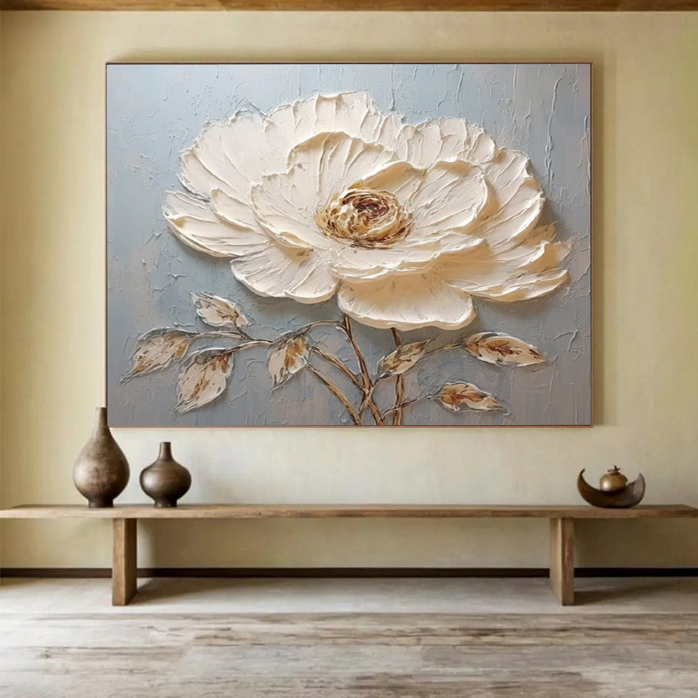 “Single White Peony Relief” - Mixed - Media Floral Painting On Canvas PT175