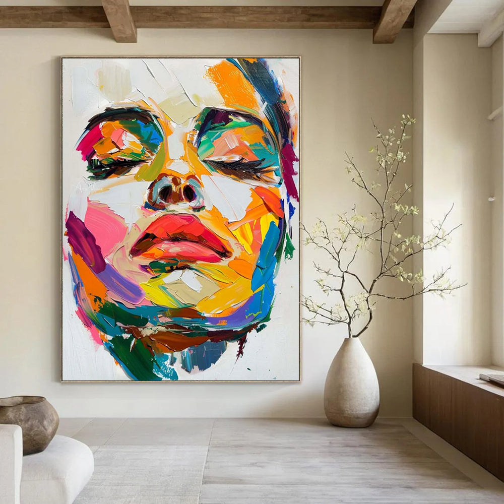 Colorful Abstract Face Close - Up Textured Painting On Canvas DS090