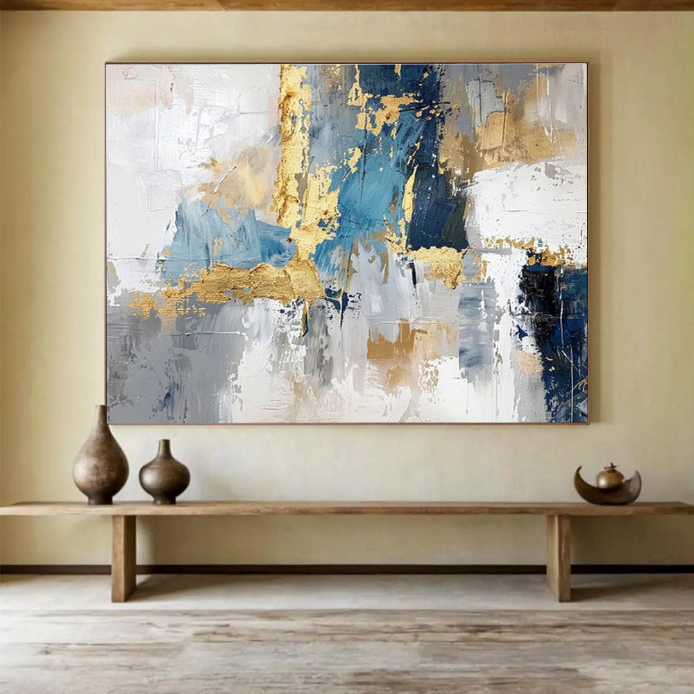 Blue - Gray Abstract with Gold Accents - Luxe Modern Painting On Canvas DKS344