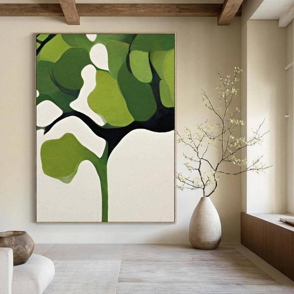 “Green and White Minimalist Tree” - Geometric Botanical Painting On Canvas PT2254