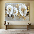 “White Blooms & Gold Foliage” - Floral Impasto - Painting On Canvas PT1705