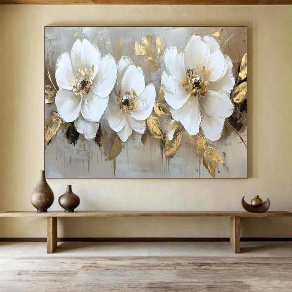 “White Blooms & Gold Foliage” - Floral Impasto - Painting On Canvas PT1705