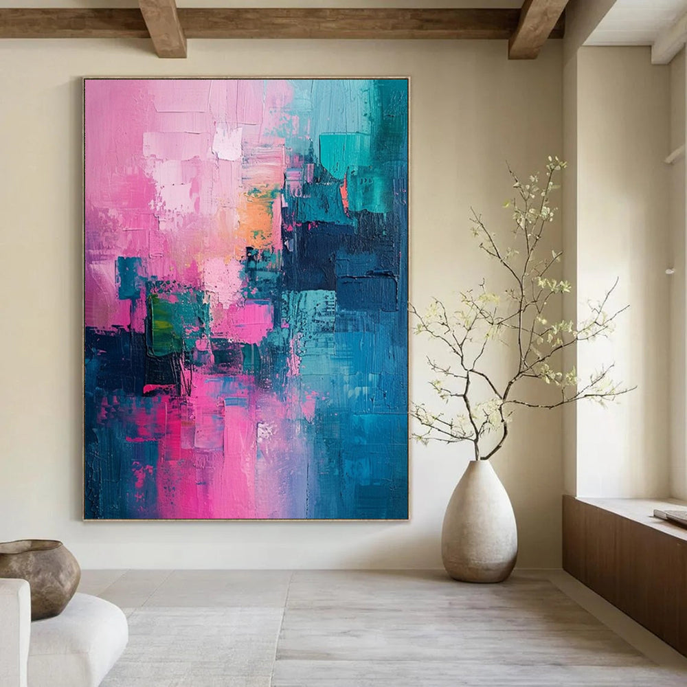 Pink, Teal, Gold, and Blue Patchwork, "Vibrant Mosaic" – Colorful Abstract Painting On Canvas PS1012