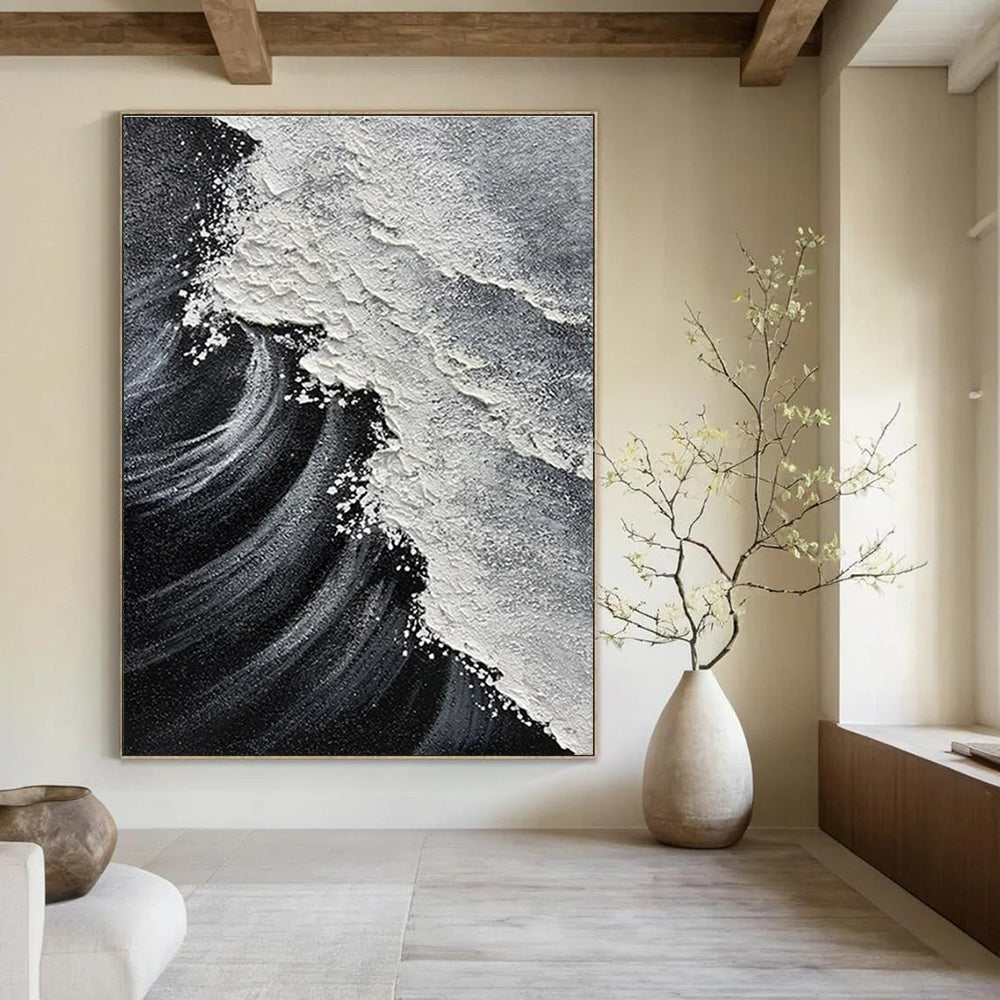 Black, White with Textured Wave "Monochrome Surf" Abstract Painting On Canvas PS1484