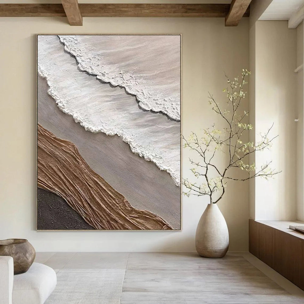 “White, Grey, and Brown Textured Wave Collage” - Mixed - Media Coastal Painting On Canvas DS344