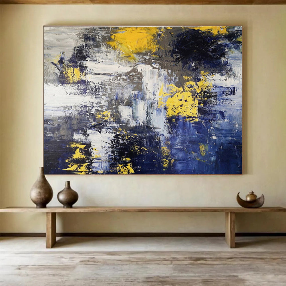Yellow Splash: Blue, Yellow & Gray Abstract Expressionist Painting for Modern Living Room & Artistic Café DKS649
