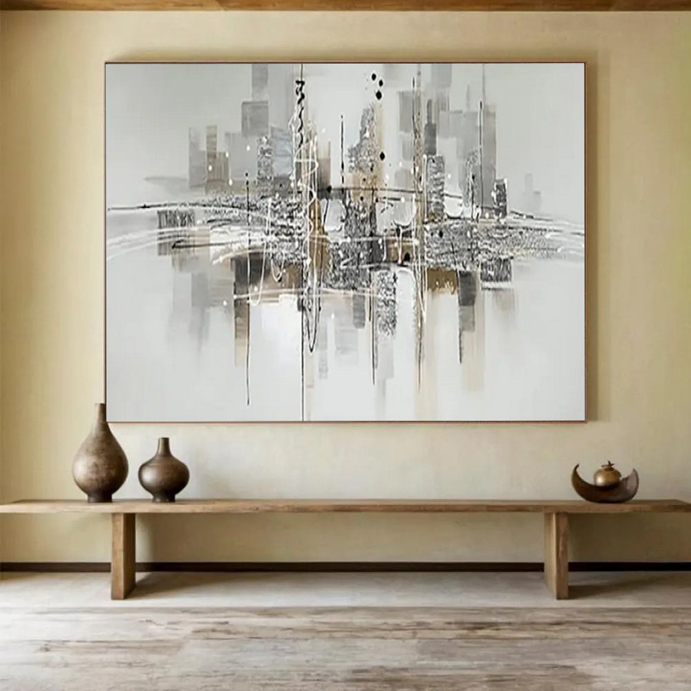 “Monochrome Lines & City Silhouettes” - Abstract Urban - Painting On Canvas PT1690
