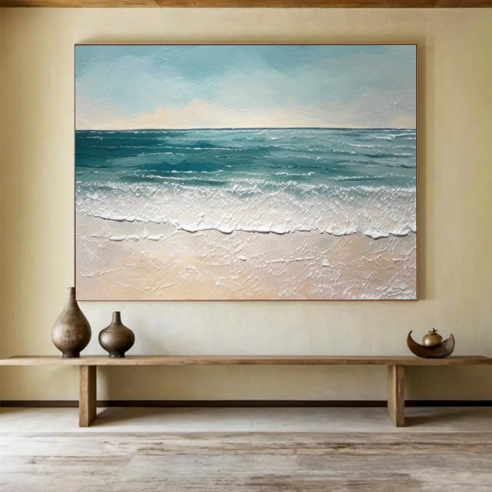 “Textured Seaside in Blues and Beiges” - Impasto Seascape Painting On Canvas PT062